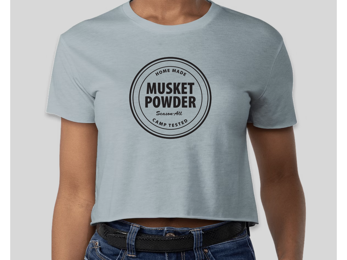 Musket Powder Logo Women&#39;s Crop Stonewash Denim T-Shirt
