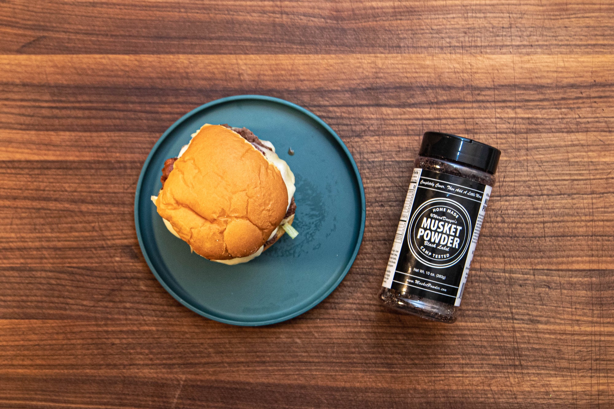 California-Style Bison Smash Burger with Black Label Musket Powder